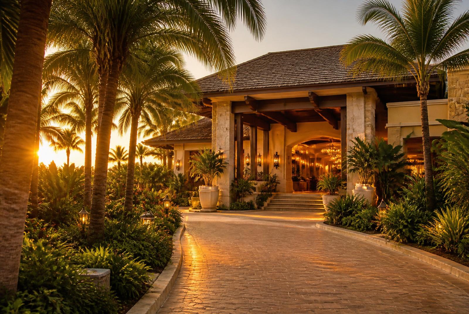 Royalton Saint Lucia arrival — palm-lined drive at golden hour